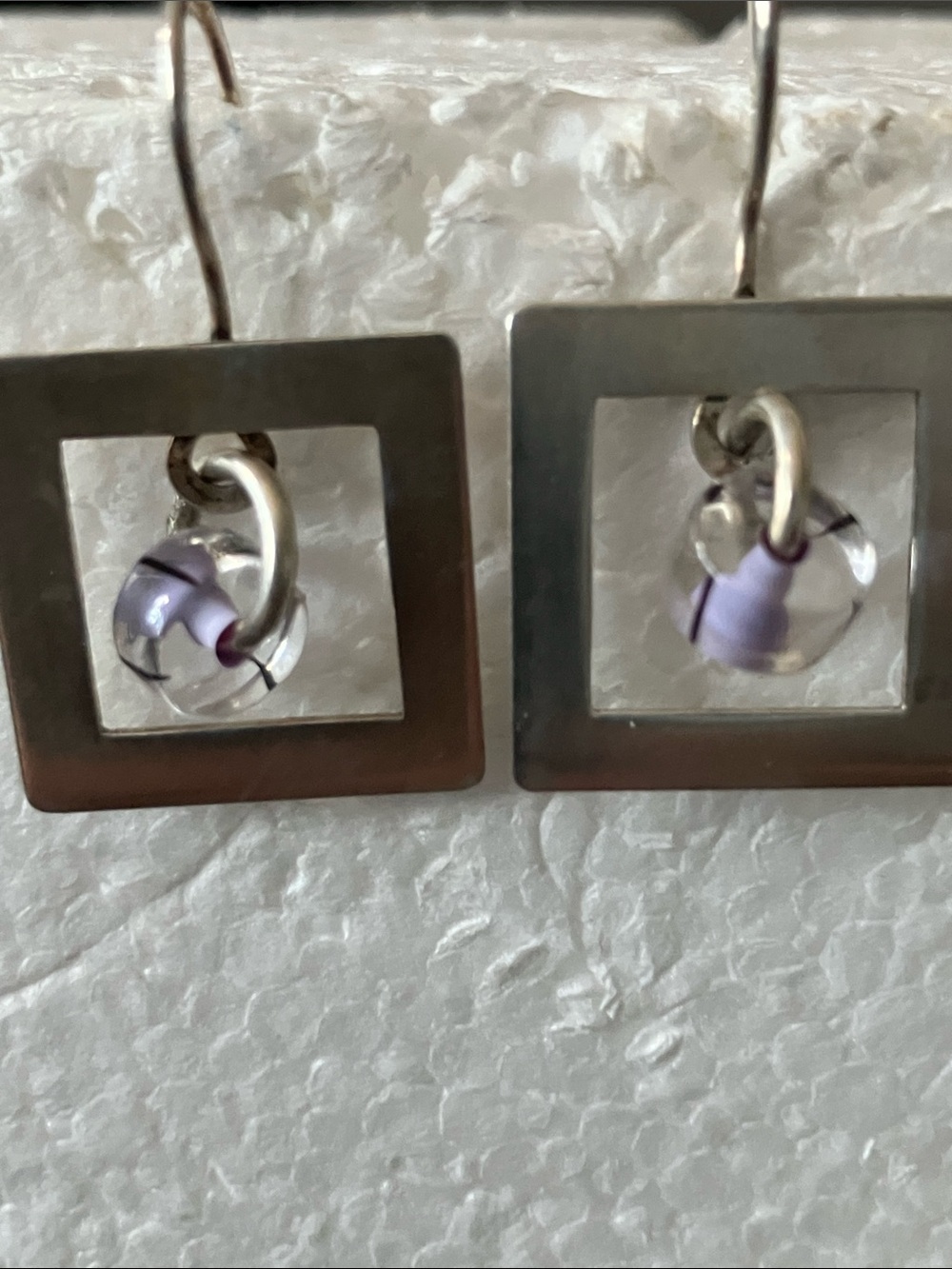 Sterling Square Drop Earrings with Lilac Glass Beads